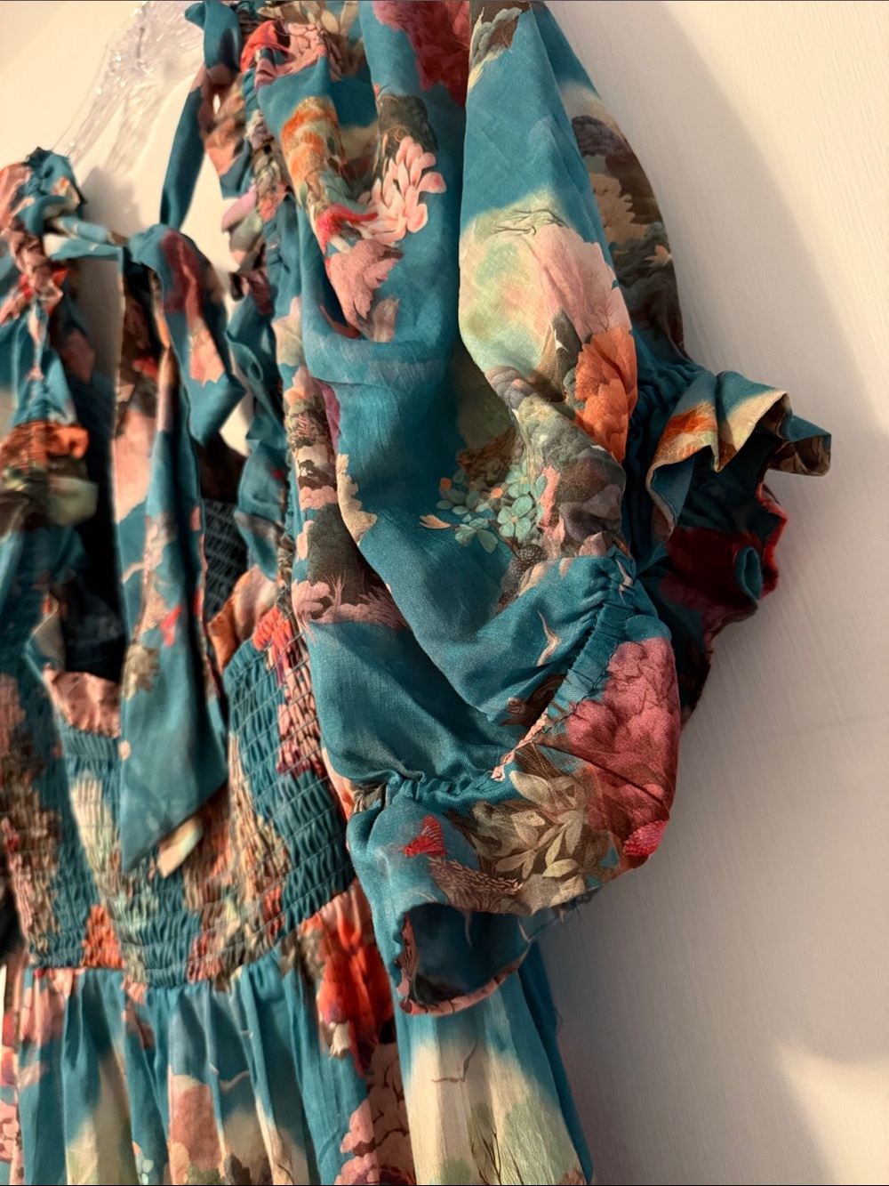 Anthro Anthropologie Teal Floral Smocked Maxi Dress Puff Sleeve Buttons 3X Plus - Picture 13 of 14